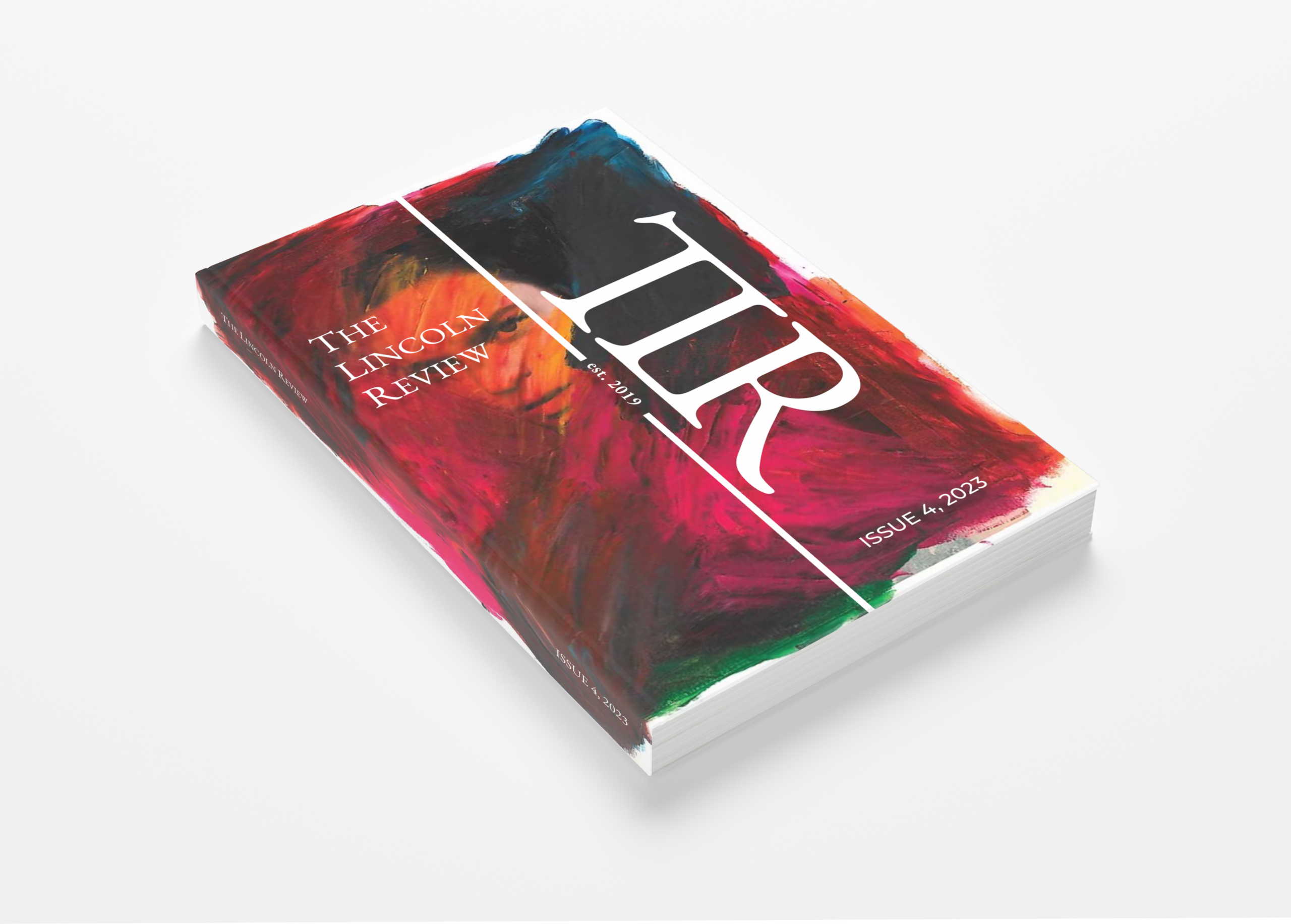 An image of a literary journal, the cover background is an image of a woman, surrounded by bright brushstrokes. The Lincoln Review logo and issue title fill out the rest of the cover