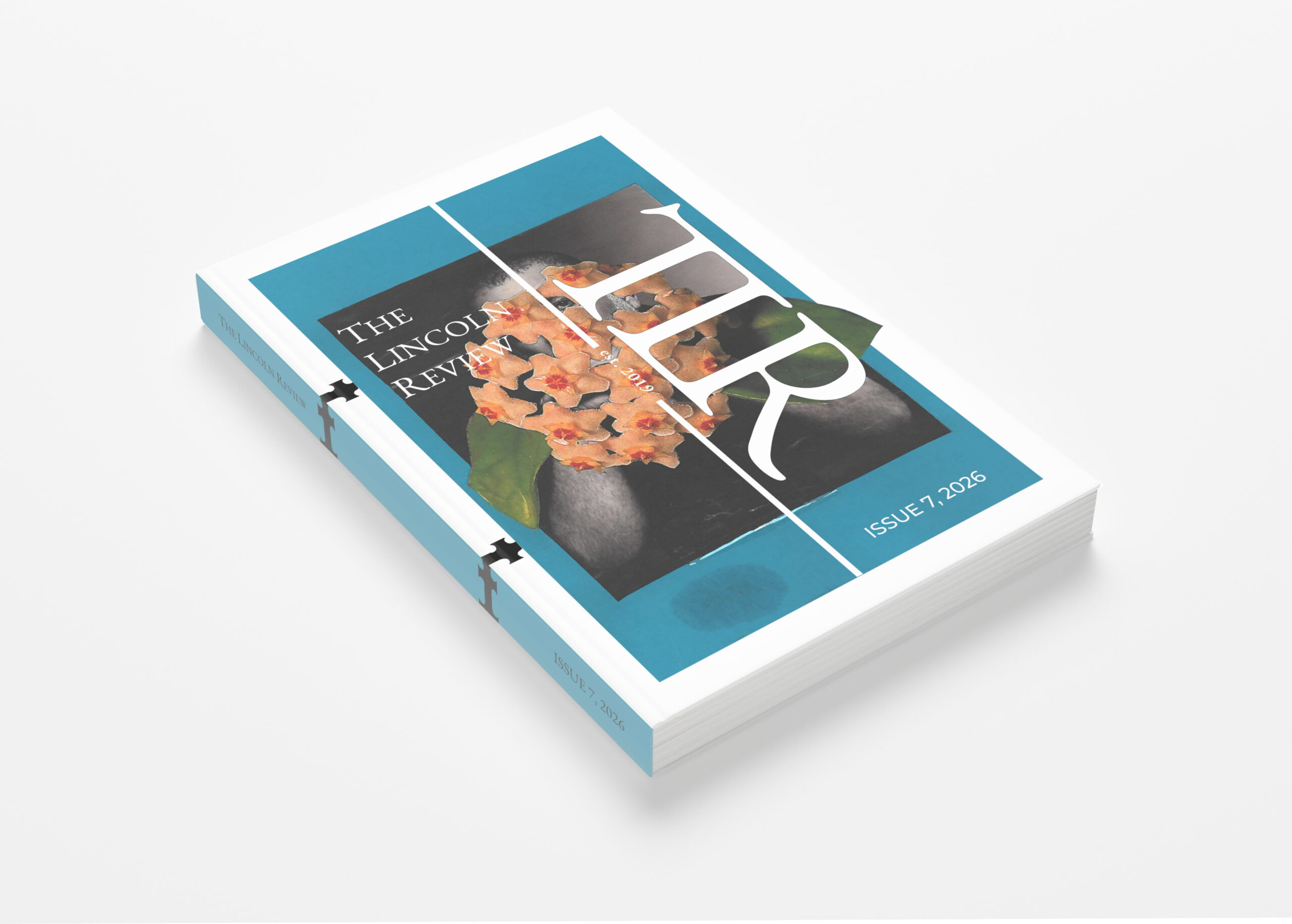An image of a literary journal, an image of a collage art piece of a man holding a bouquet of starfish and flowers surrounded by teal blue is on the cover. Overlayed with The Lincoln Review logo, and the issue number